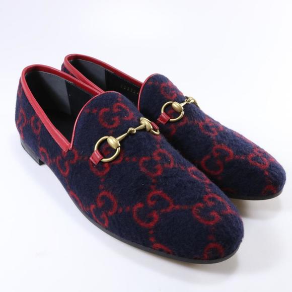 Jordaan GG Print Horsebit Classic Wool Navy Red Flannel Loafers D096 - Picture 1 of 12